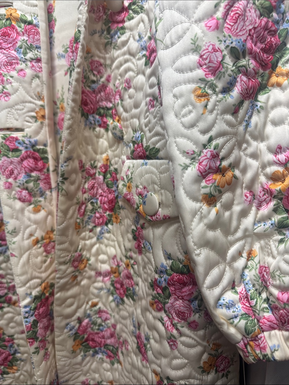 For Love & Lemons Cream Quilted Floral Trench Coat with Pink & Green Accents - Picture 7 of 7